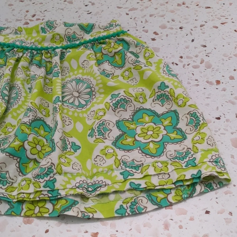 Cherokee | Turquoise and Lime Print Skirt with Baby Pom Trim | 4T
